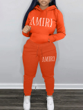 LW Casual Sweat Hooded Collar Pattern Letter Long Sleeve Two-piece Pants Set