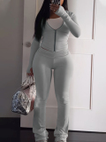 LW Sporty Spandex Mandarin Collar Solid Color Long Sleeve Two-piece Pants Set