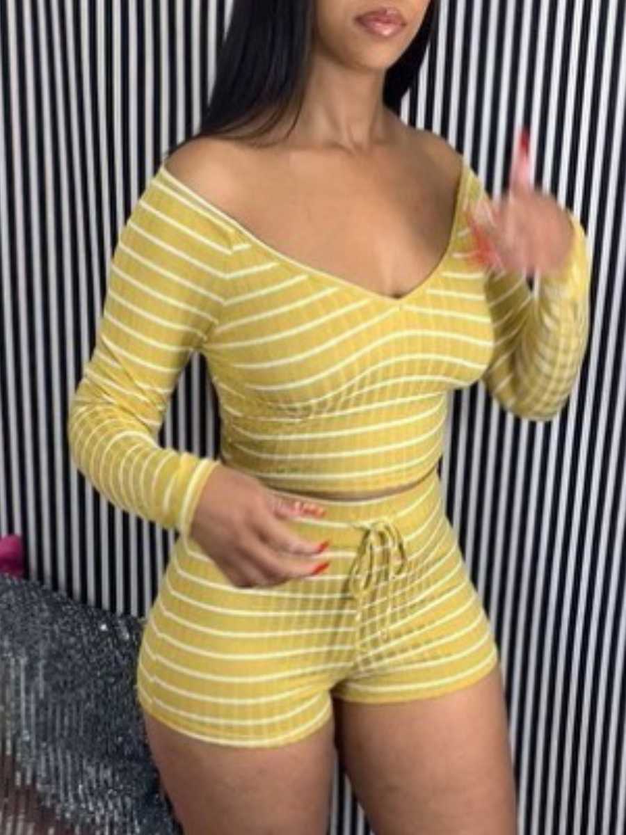 LW Casual Polyester Off The Shoulder Bandage Design Striped Short Sleeve Two-piece Shorts Set