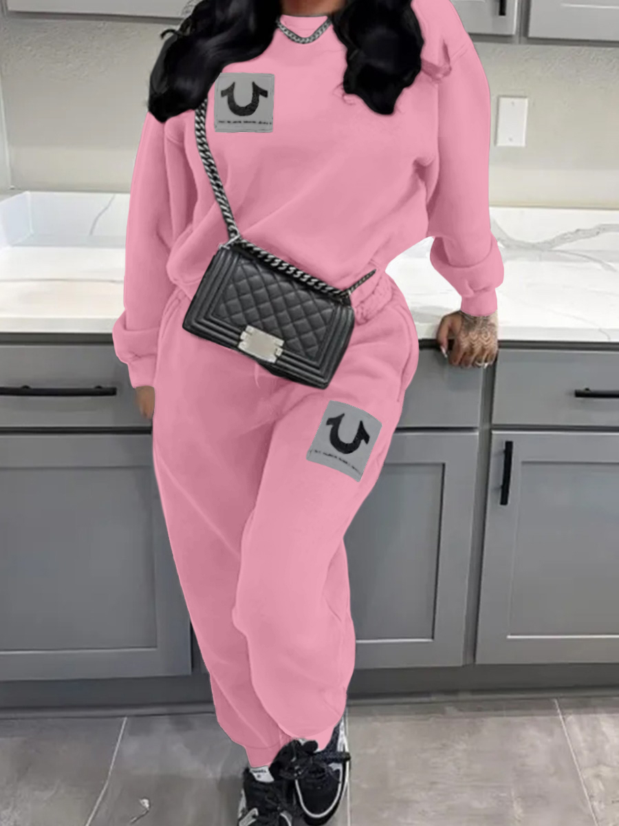 LW Casual Polyester Round Neck None Geometric Pattern Long Sleeve Two-piece Pants Set