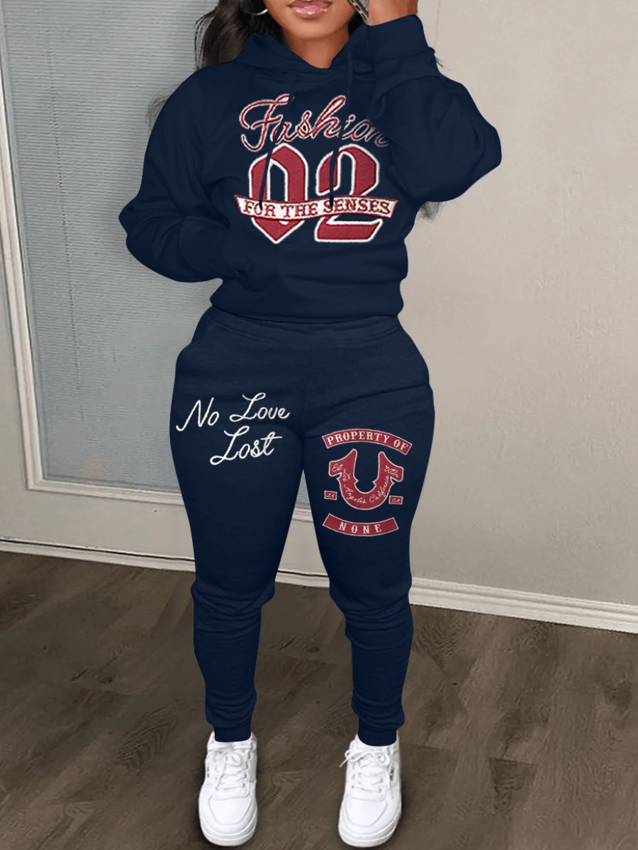 LW Street Polyester Hooded Collar Pattern Mixed Print Long Sleeve Two-piece Pants Set