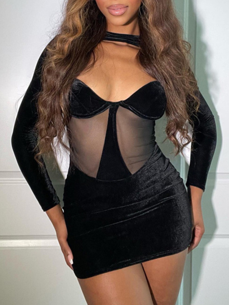LW SXY Mesh Patchwork Solid Color Mini Dress