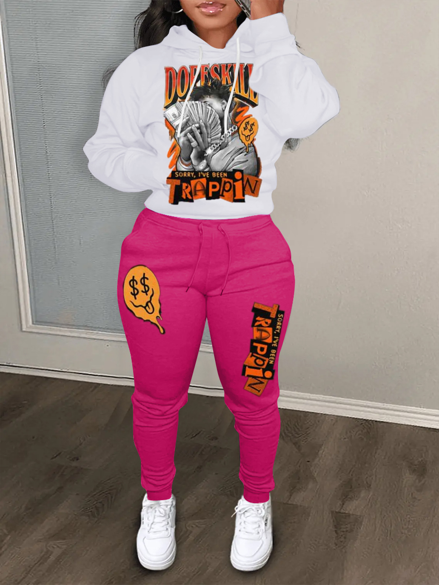 LW Casual Sweat Hooded Collar Pattern Money Print Long Sleeve Two-piece Pants Set