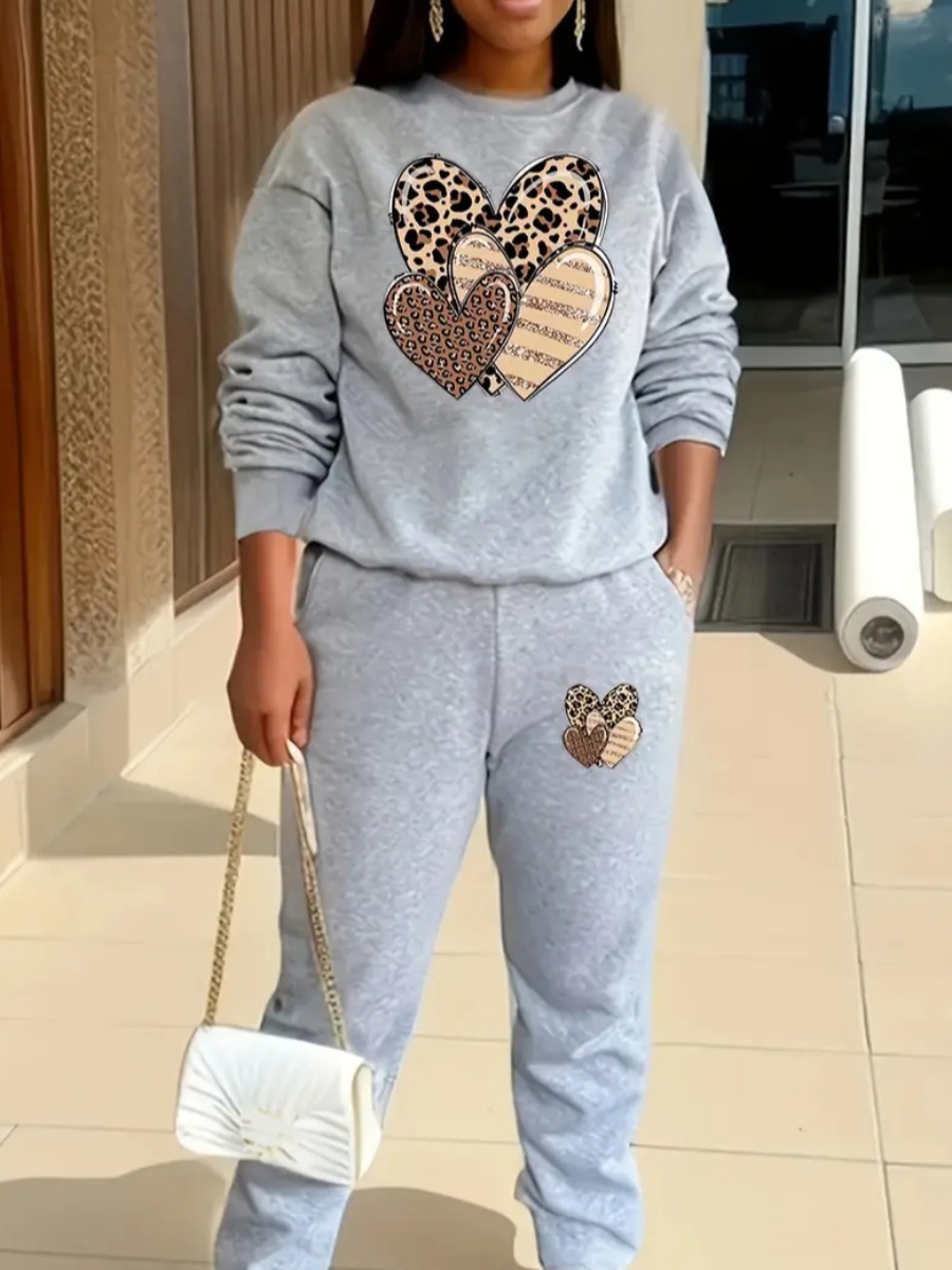 LW Casual Polyester Round Neck Pattern Heart Long Sleeve Two-piece Pants Set