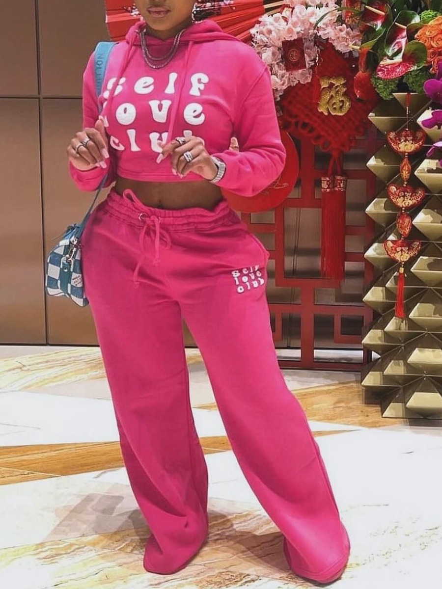 LW Street Polyester Hooded Collar Pattern Letter Long Sleeve Two-piece Pants Set