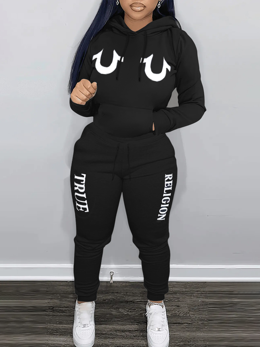 LW Street Polyester Hooded Collar Pattern Letter Print Long Sleeve Two-piece Pants Set