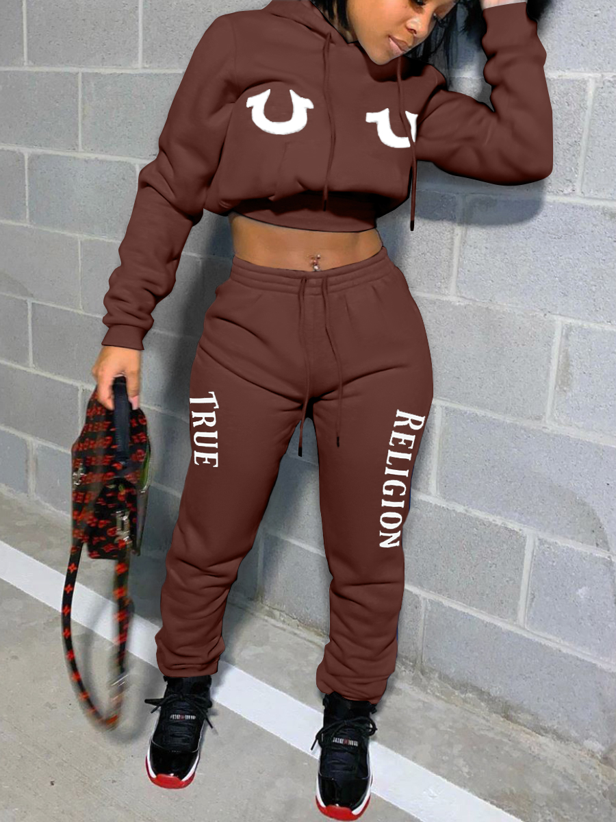 LW Street Polyester Hooded Collar Pattern Letter Print Long Sleeve Two-piece Pants Set