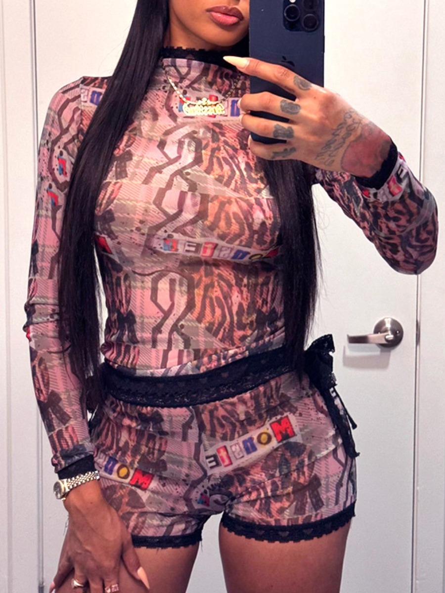 LW Street Polyester Mock Neck Patchwork Letter Long Sleeve Two-piece Shorts Set