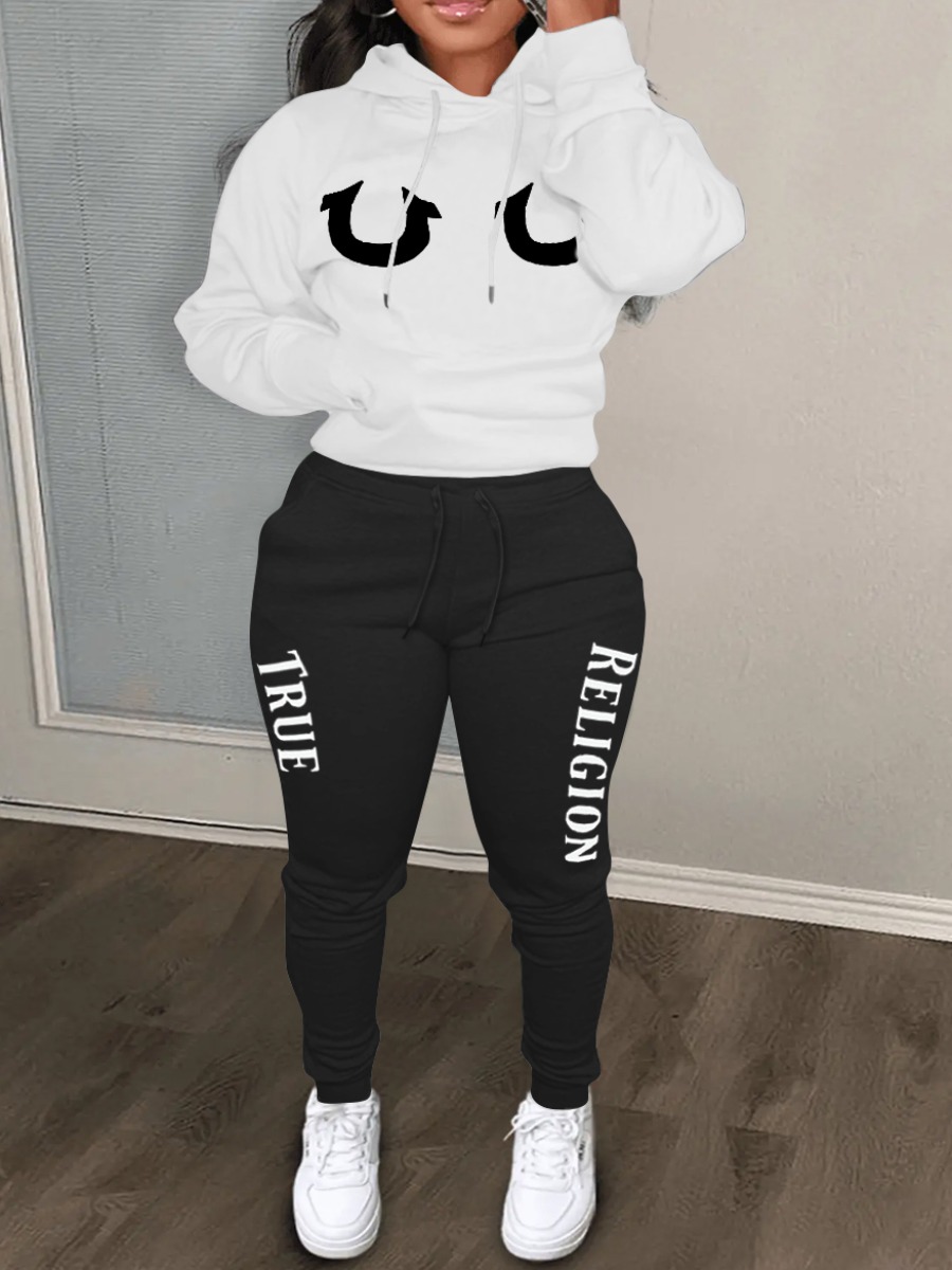 LW Street Polyester Hooded Collar Pattern Letter Print Long Sleeve Black And White Two-piece Pants Set