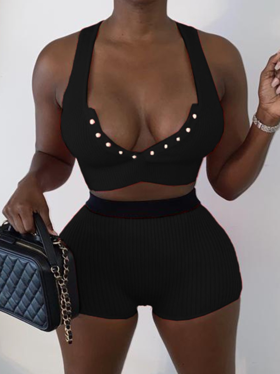 LW BASICS Casual Polyester U Neck Solid Color Sleeveless Two-piece Shorts Set