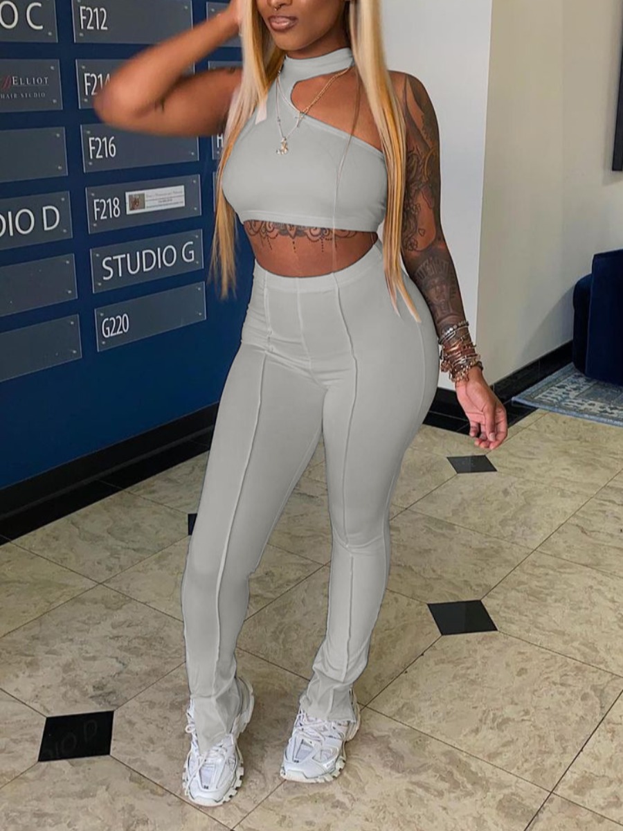 LW Casual Polyester Round Neck Asymmetrical Solid Color Sleeveless Two-piece Pants Set