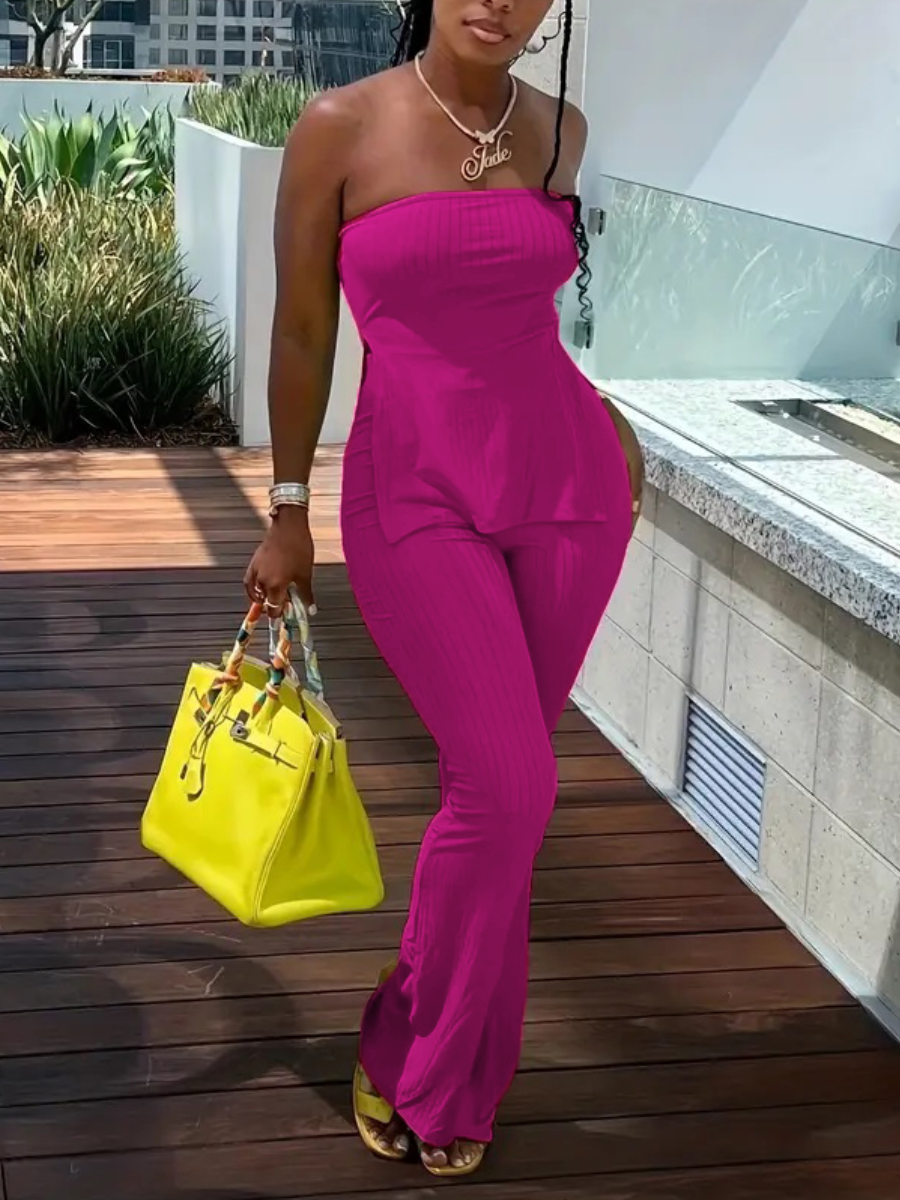 LW BASICS Casual Polyester Strapless Split Solid Color Sleeveless Two-piece Pants Set