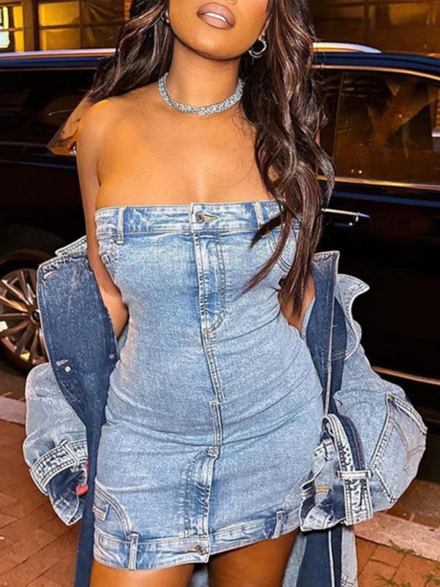 LW Strapless Solid Color Micro Elasticity Denim Dress