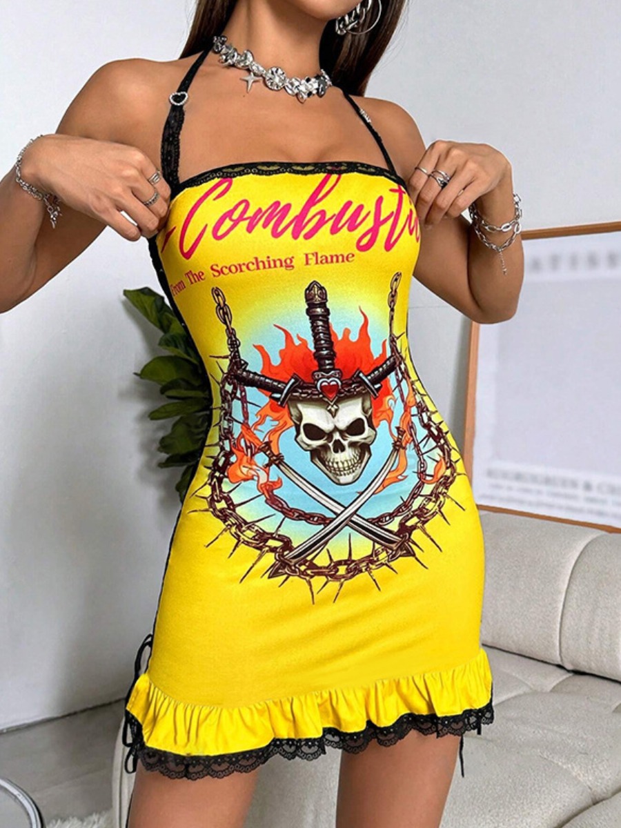 LW SXY Ruffle Hem Mixed Print Mini Dress