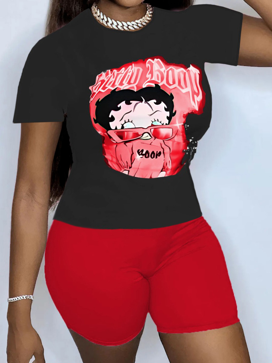 LW Plus Size Cartoon Letter Print Skinny Shorts Set