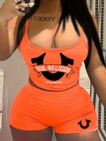 LW Casual Polyester U Neck Pattern Letter Sleeveless Two-piece Shorts Set