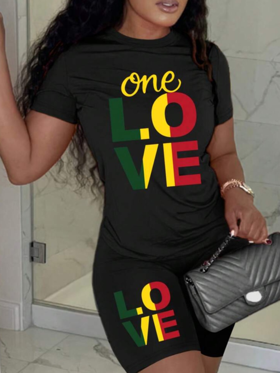 LW Casual Polyester Round Neck Pattern Letter Short Sleeve Two-piece Shorts Set