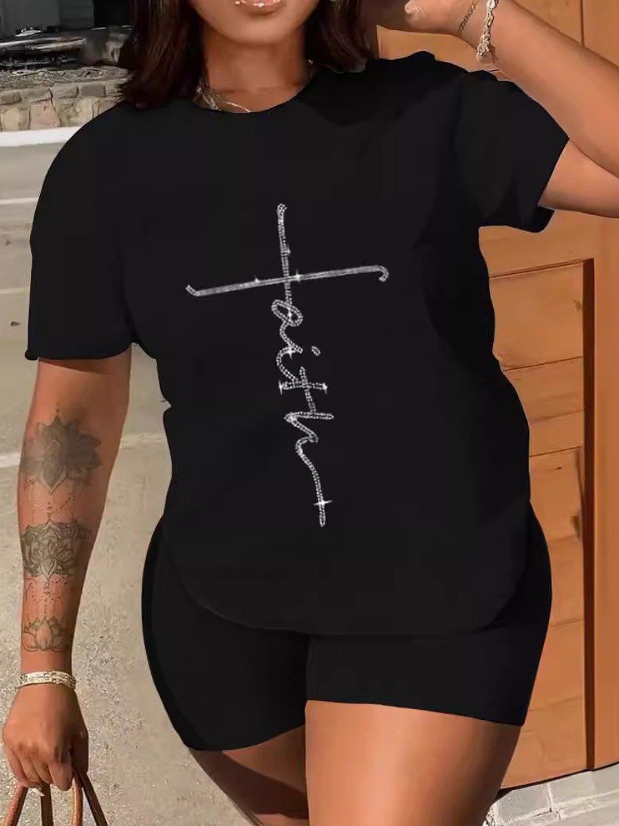 LW Casual Polyester Round Neck Letter Print Short 