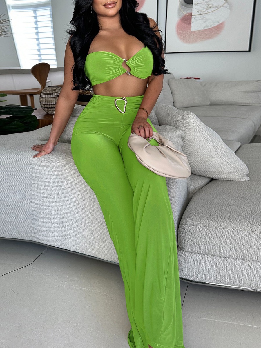 LW Vacation Polyester Halter Cut Out Solid Color Sleeveless Two-piece Pants Set