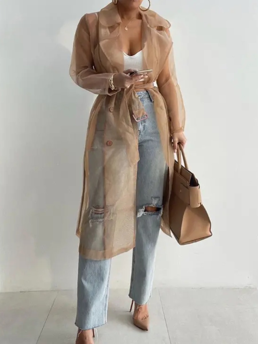 LW BASICS See Through Solid Color Trench Coats