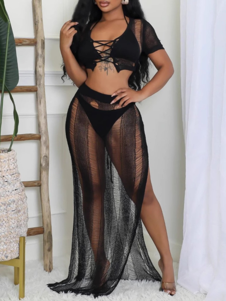 LW Vacation Polyester Collarless Cut Out Solid Color Short Sleeve Two-piece Skirt Set