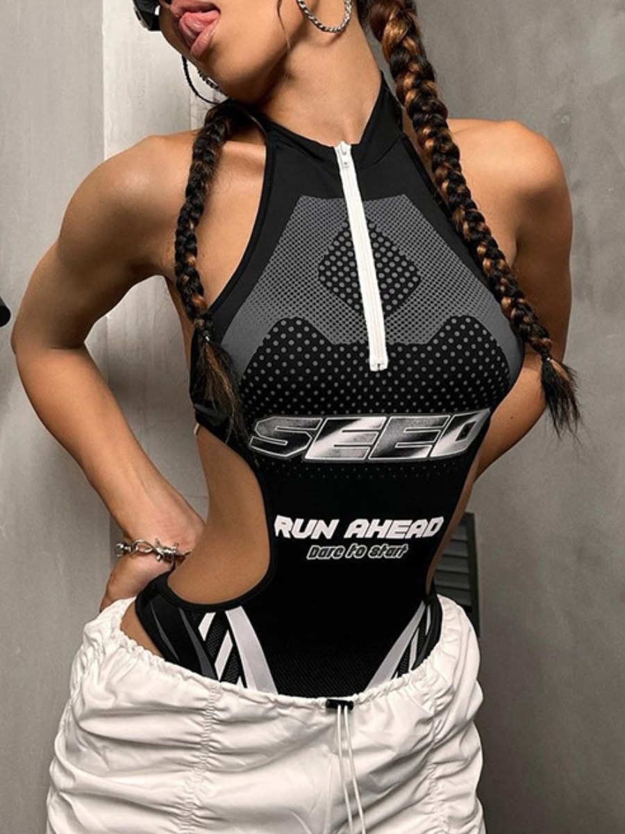 LW Zipper Design Letter Bodysuit