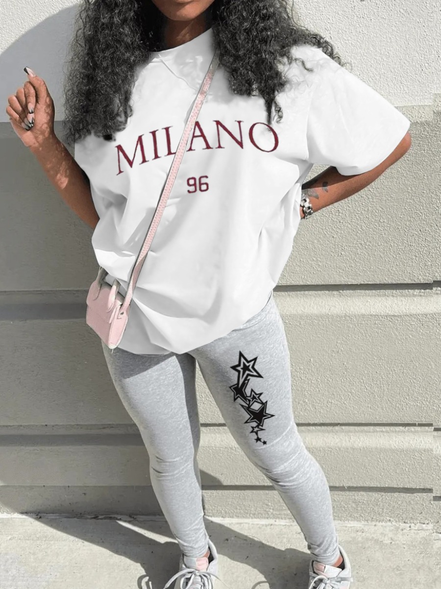 LW Casual Polyester Round Neck Pattern Letter Short Sleeve Two-piece Pants Set