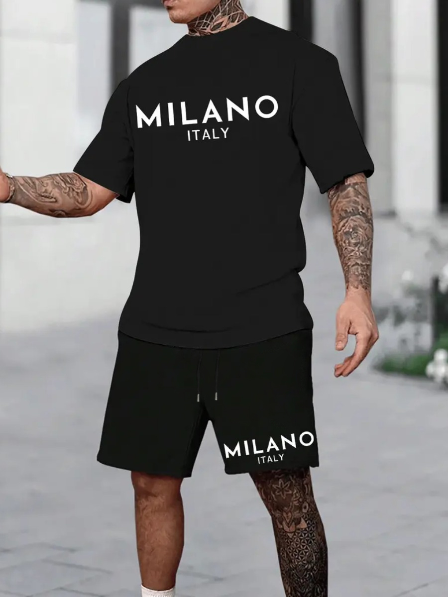 LW Men Pattern Letter Print Two-piece Shorts Set
