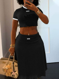 LW BASICS Casual Polyester Round Neck Solid Color Short Sleeve Two-piece Skirt Set