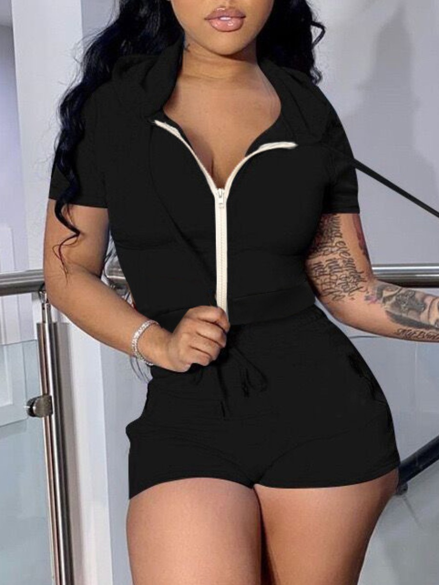 LW BASICS Casual Polyester Hooded Collar Zipper Design Solid Color Short Sleeve Two-piece Shorts Set