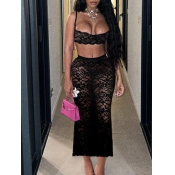 LW Sxy Polyester U Neck Lace Solid Color Sleeveles