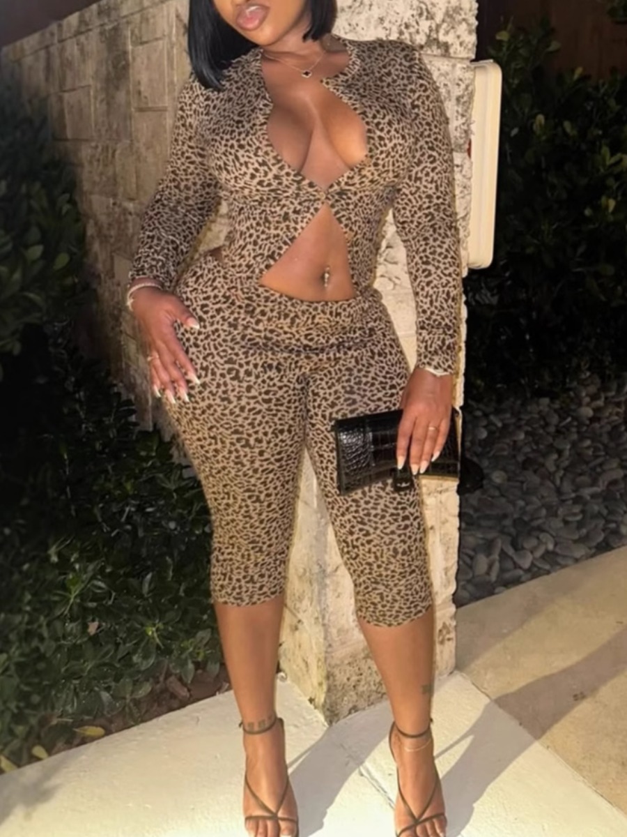 LW SXY Sxy Polyester Round Neck Pattern Leopard Print Long Sleeve Leopard Two-piece Pants Set