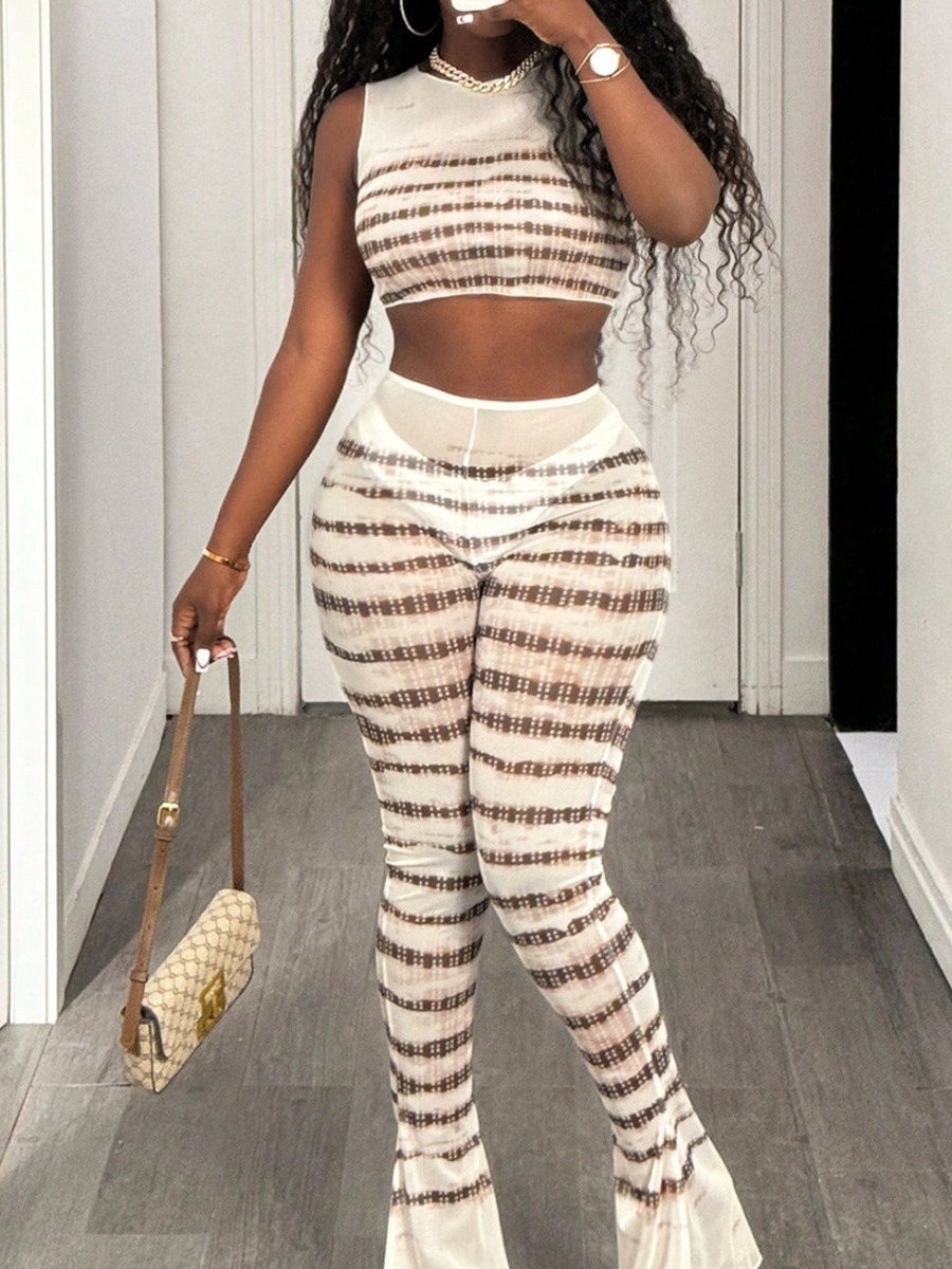 LW Casual Polyester Round Neck See Through Striped