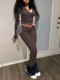 LW BASICS Casual Milk Fiber Hooded Collar Letter Long Sleeve Two-piece Pants Set