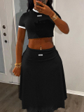 LW BASICS Casual Polyester Round Neck Solid Color Short Sleeve Two-piece Skirt Set